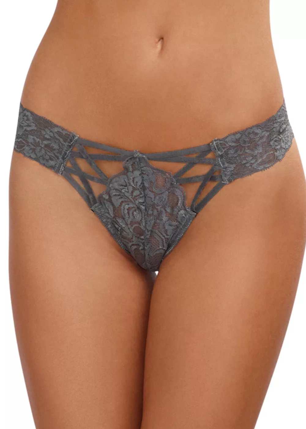 Tanga gris dentelle sexy ajouré sur l'avant