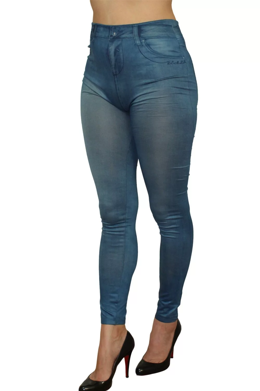 Legging bleu style jean moulant avec impressions sur poches