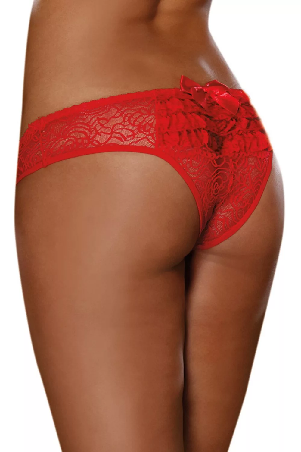 Tanga ouvert rouge dentelle avec noeud sur les fesses