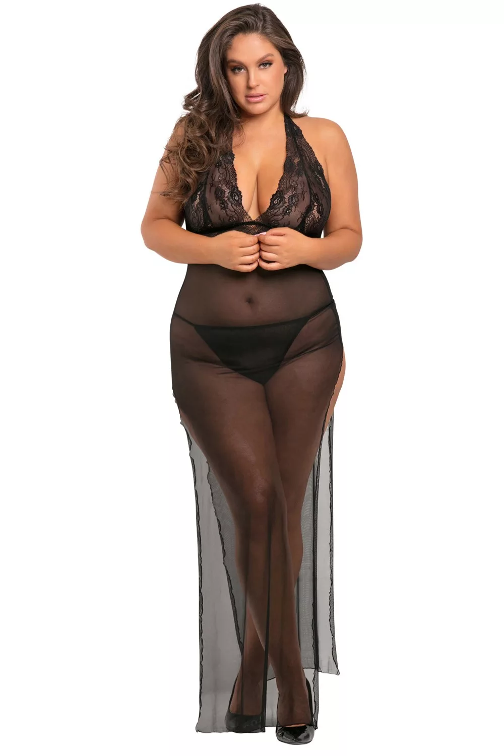 Nuisette longue grande taille fendue transparente