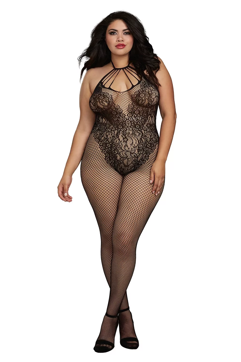 Bodystocking Grande taille résille dans un style Body avec magnifique décolleté à lanières