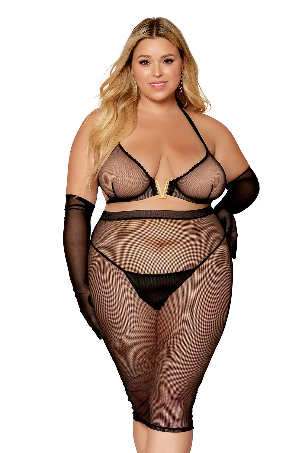 Ensemble 2 pièces grande taille, soutien gorge et jupe longue transparente noir
