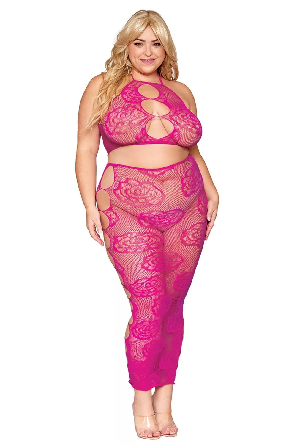 Ensemble Soutien-gorge et jupe longue en filet rose, grande taille