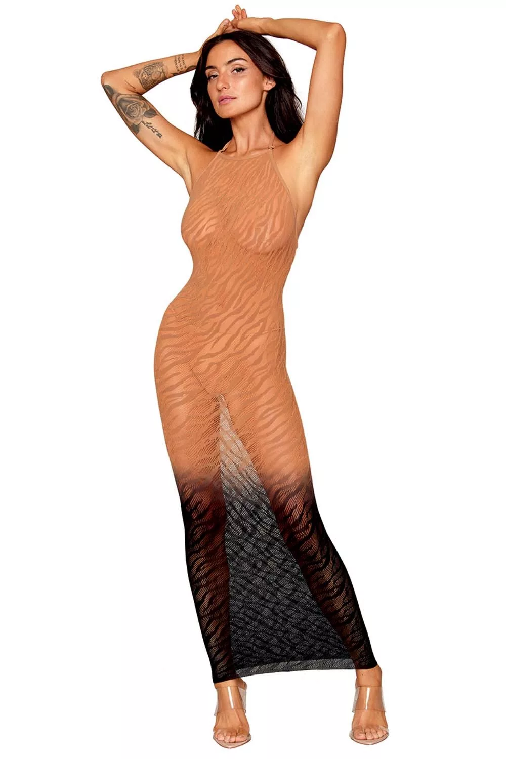 Robe bodystocking avec motifs zèbre, aux couleurs cuivrées