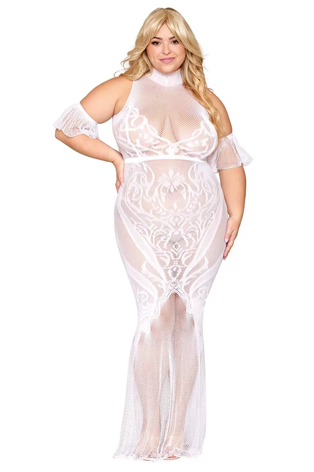 Robe bodystocking, grande taille, en résille t dentelle blanche