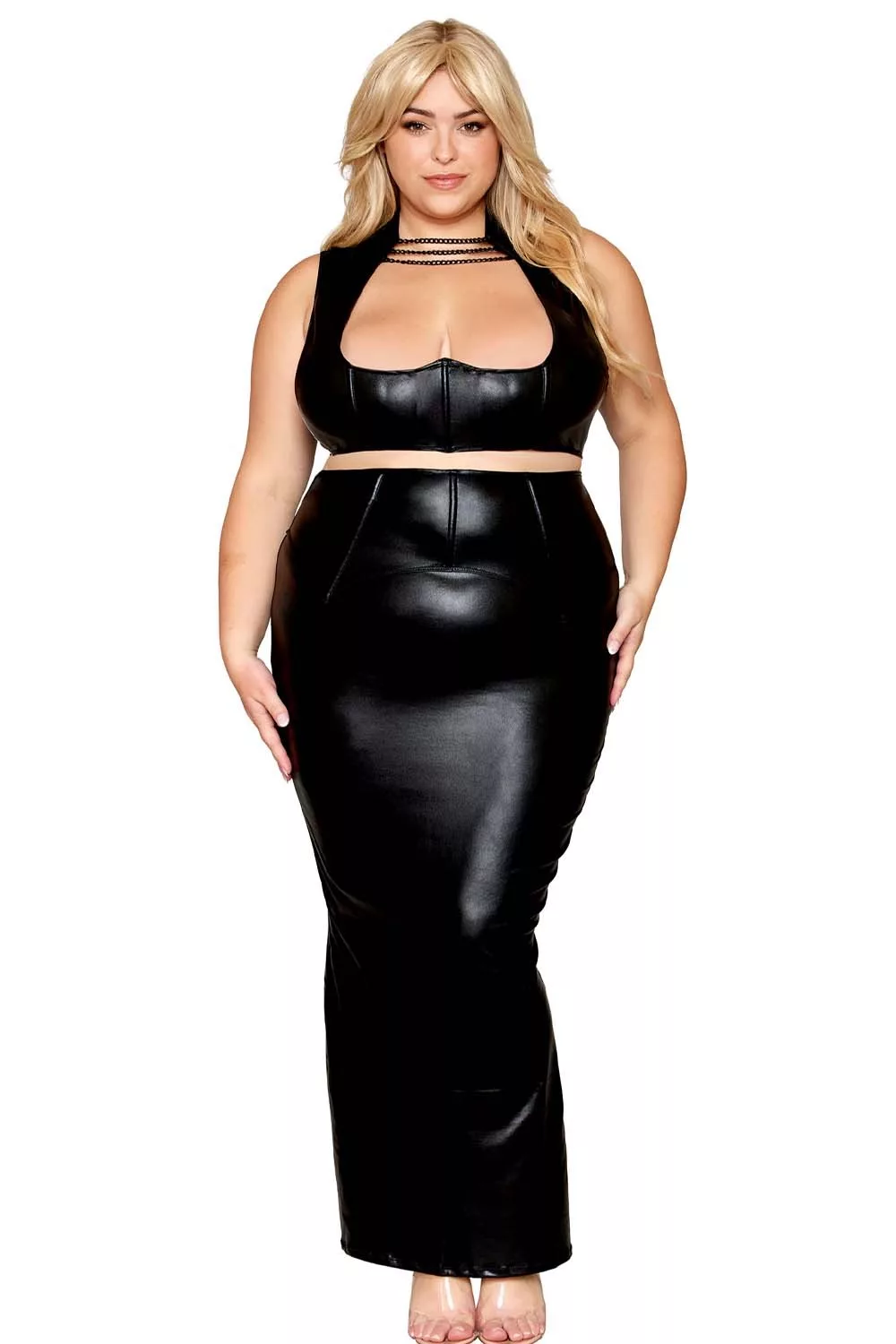 Ensemble Soutien-gorge et jupe longue, grande taille, noir en simili cuir
