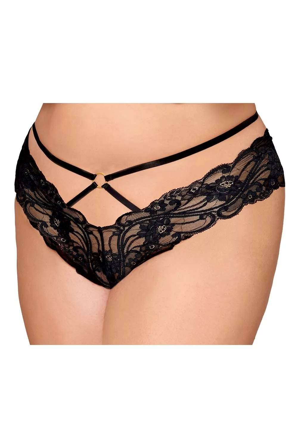 Culotte en dentelle noire, grande taille, avec lanières et chaines dorées
