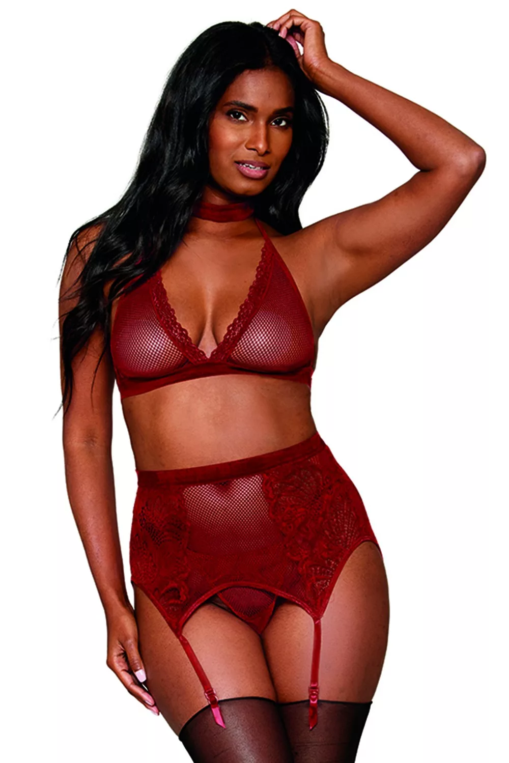Ensemble 4 pièces soutien gorge, tour de cou, string et porte jarretelles rouge