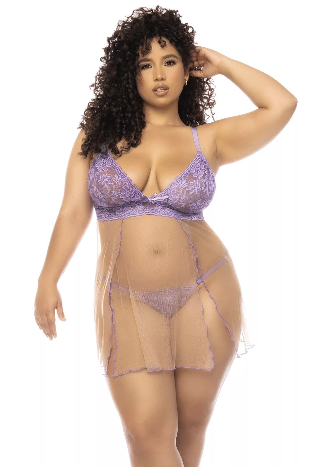 Nuisette grande taille couleur lavande et chair Verona, en dentelle et résille transparente