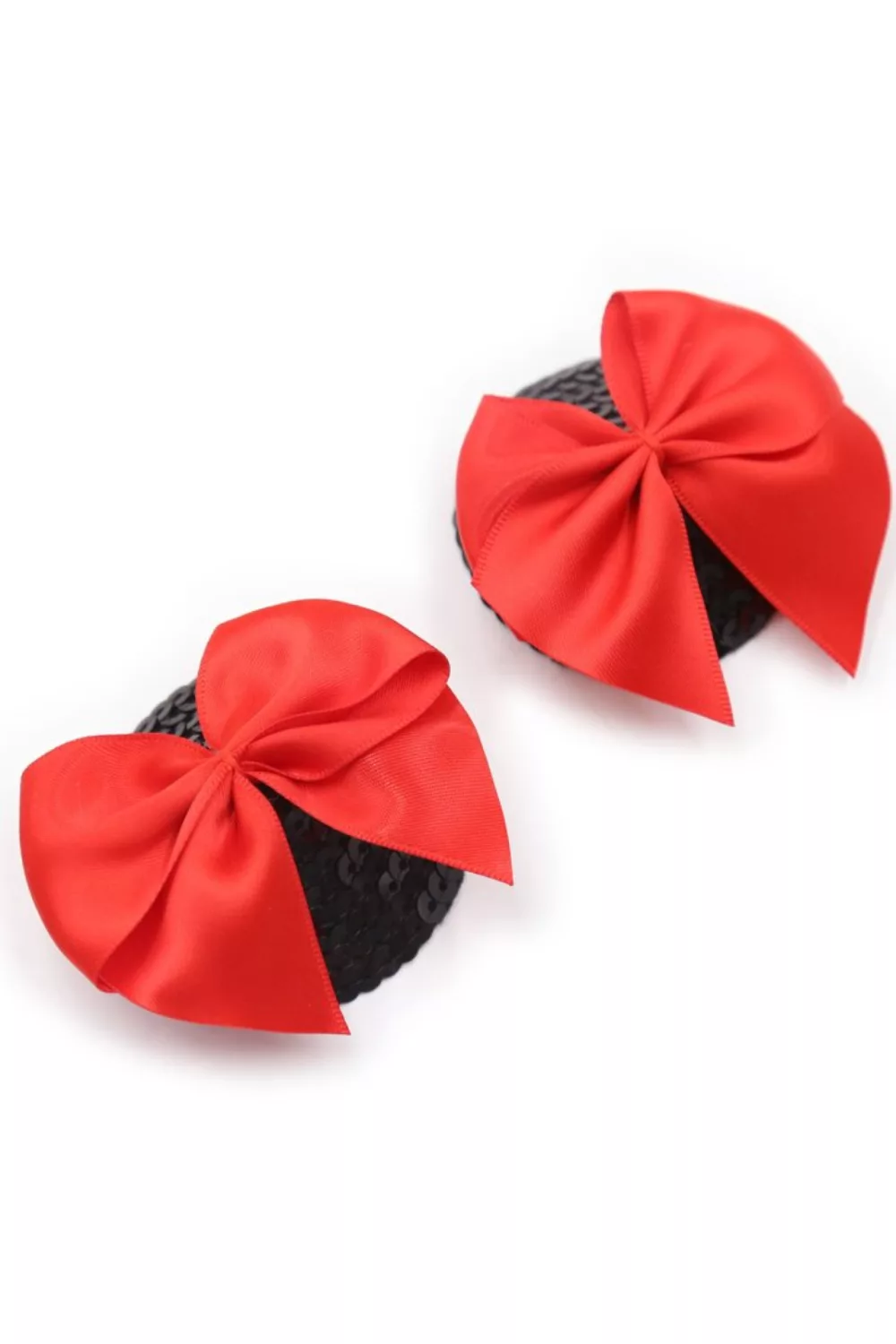 Paire de cache tétons adhésifs noir avec nœud papillon rouge