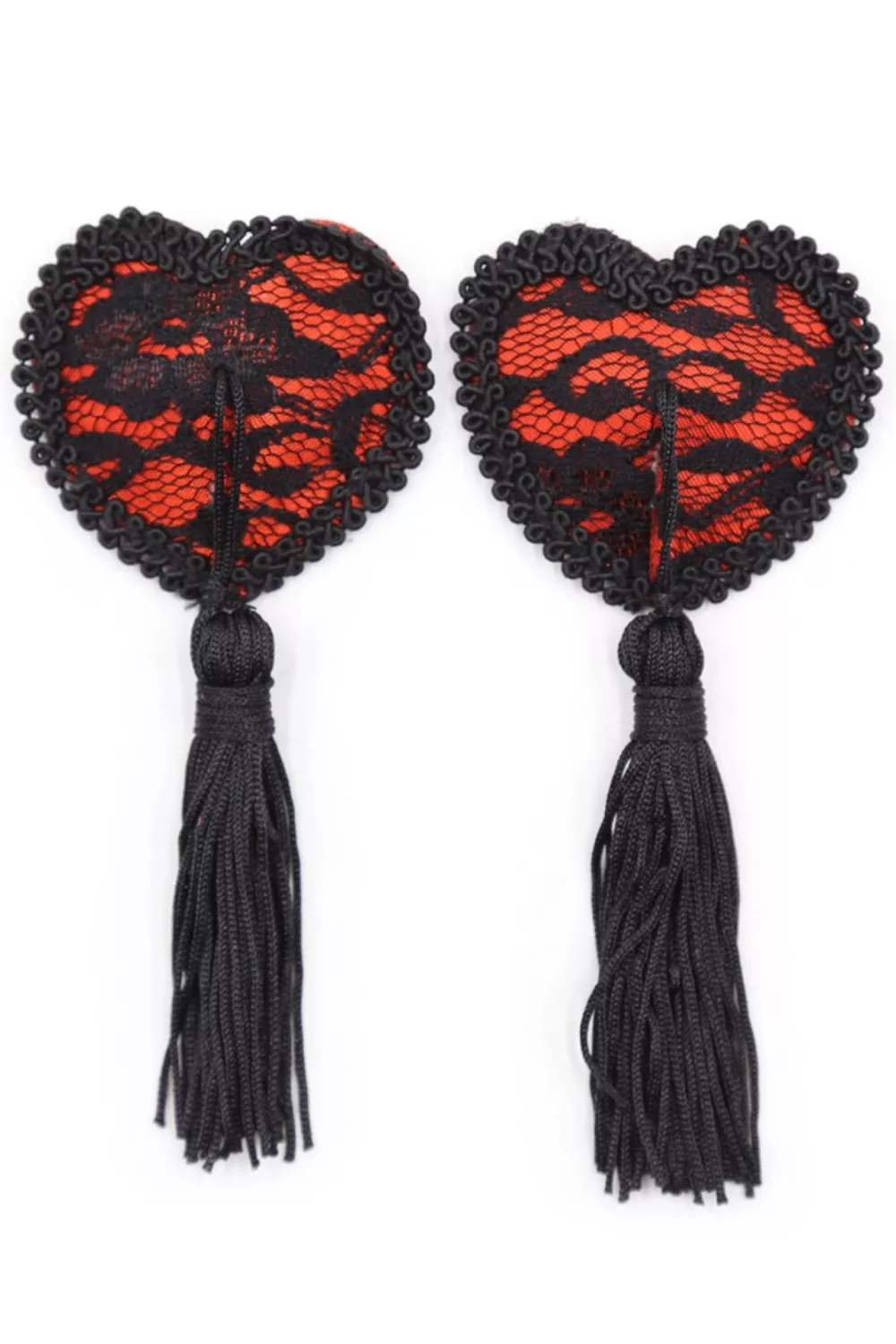 Paire de cache tétons adhésifs en forme de cœur avec dentelle noire et pompom