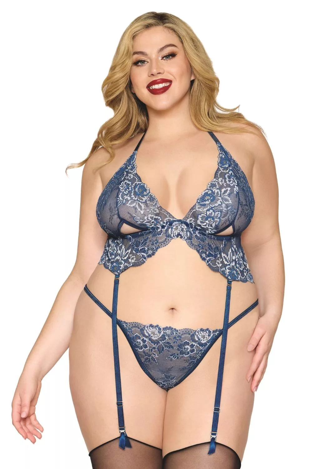 Soutien porte jarretelles grande taille et string en dentelle florale bleue