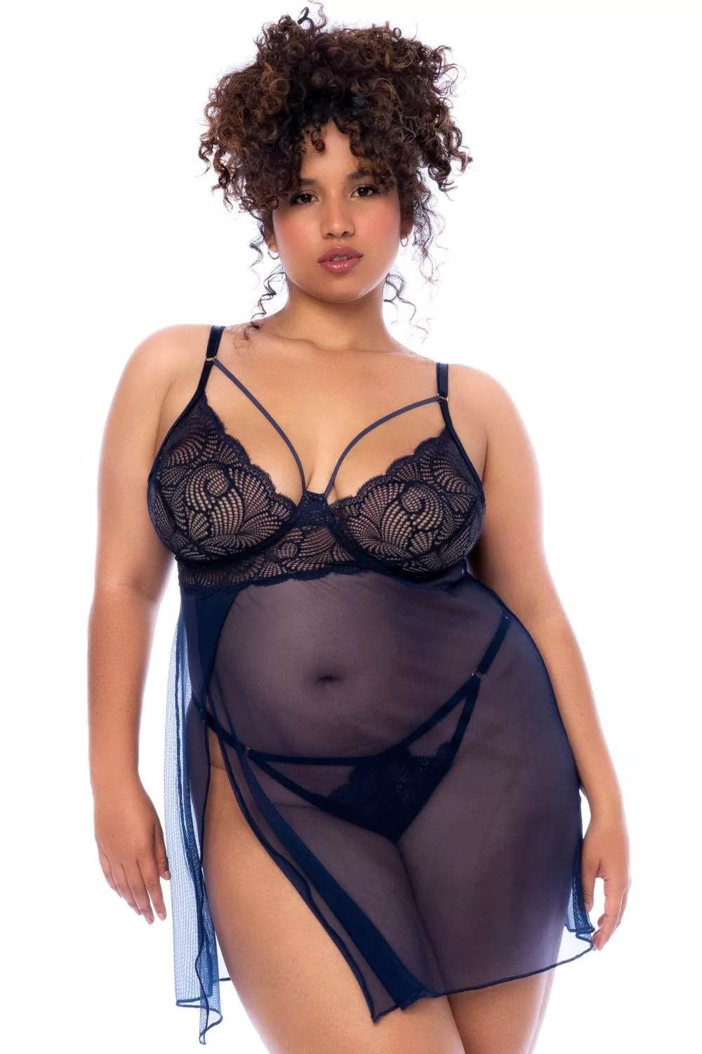 Nuisette grande taille bleu nuit et string