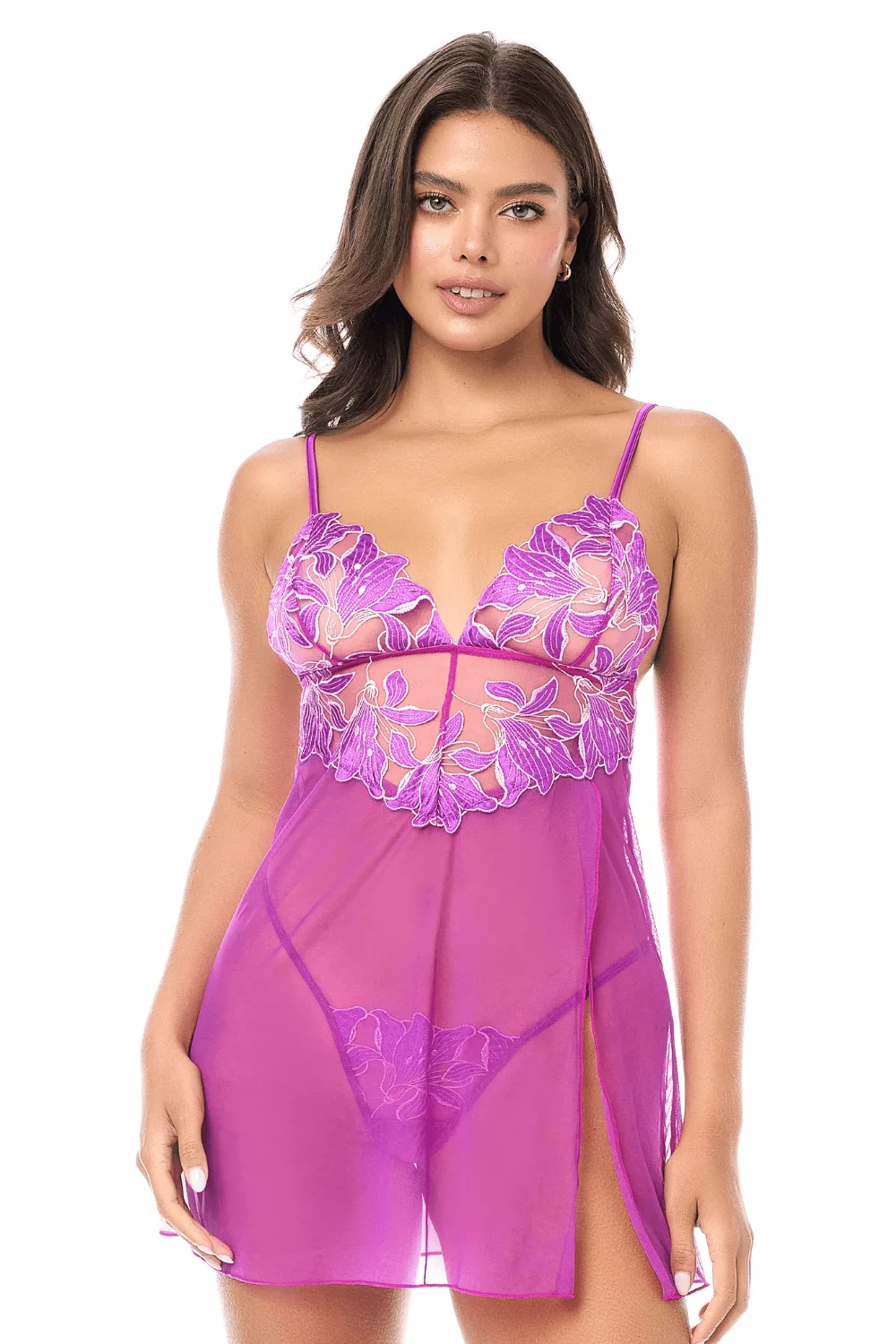 Babydoll sexy en résille brodée florale et string