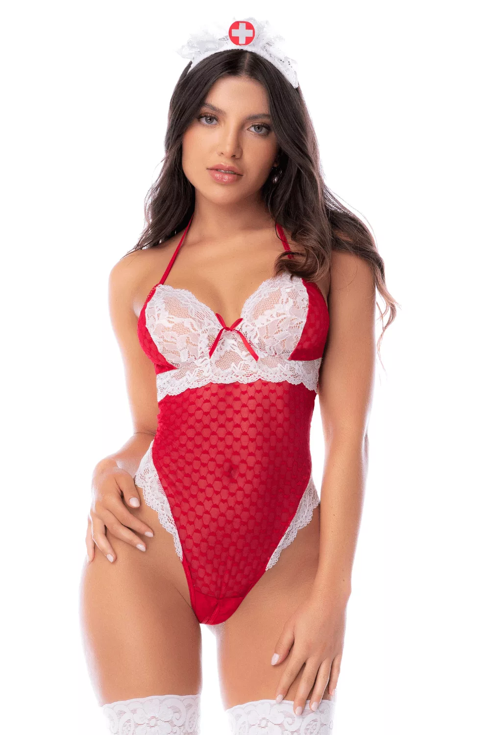 Body infirmière noir en maille et dentelle avec accessoire tête – Mapalé