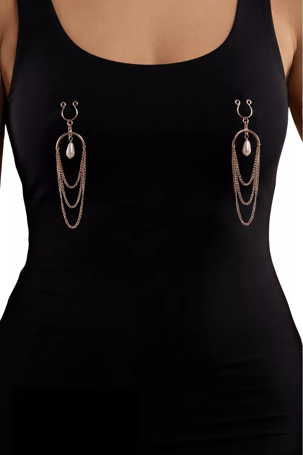 Bijoux de seins avec 3 chainettes doré rose et une perle