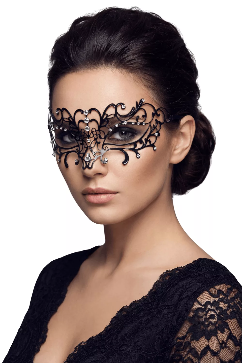Masque vénitien Elena rigide noir avec strass