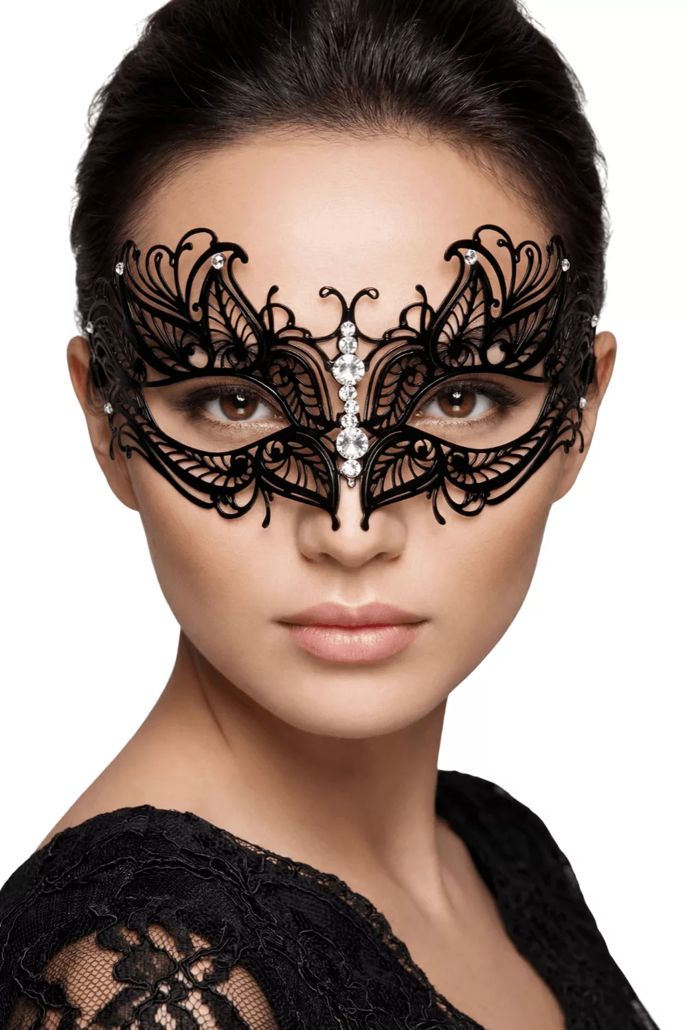 Masque vénitien Greta rigide noir avec strass