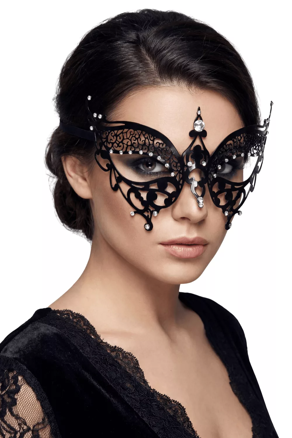 Masque vénitien Alida rigide noir avec strass