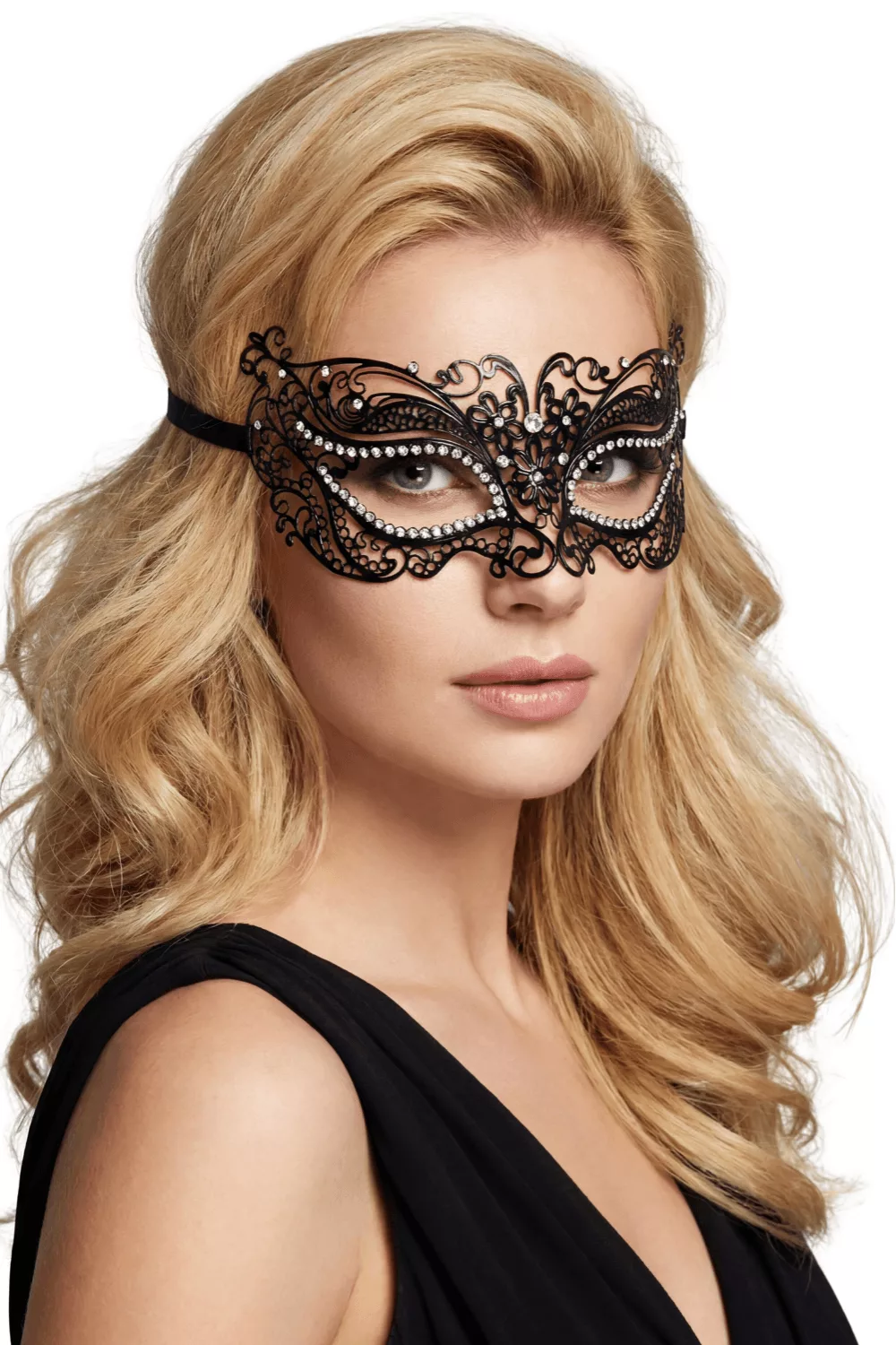 Masque vénitien Alba rigide noir avec strass