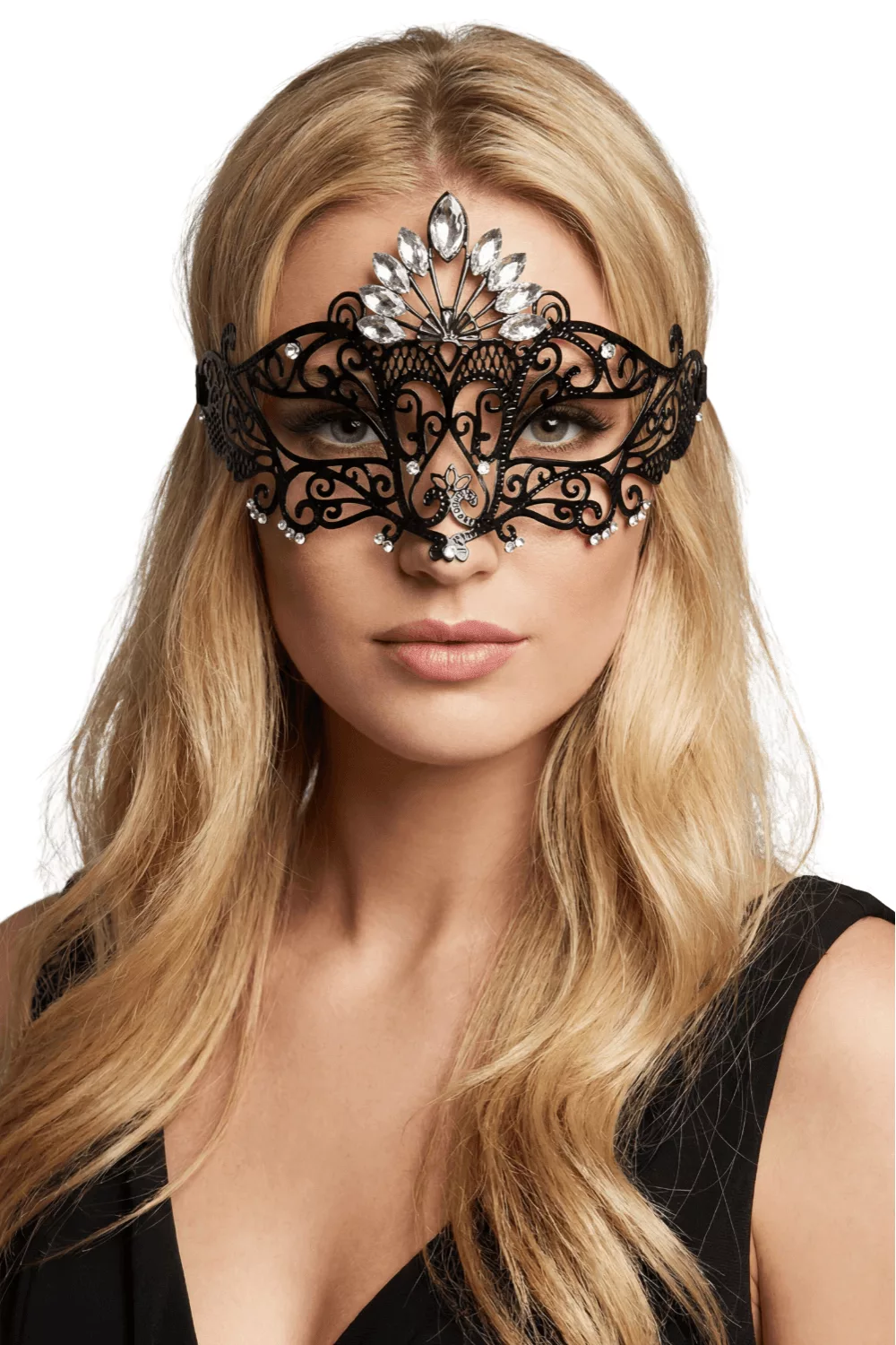 Masque vénitien Gemma rigide noir avec strass
