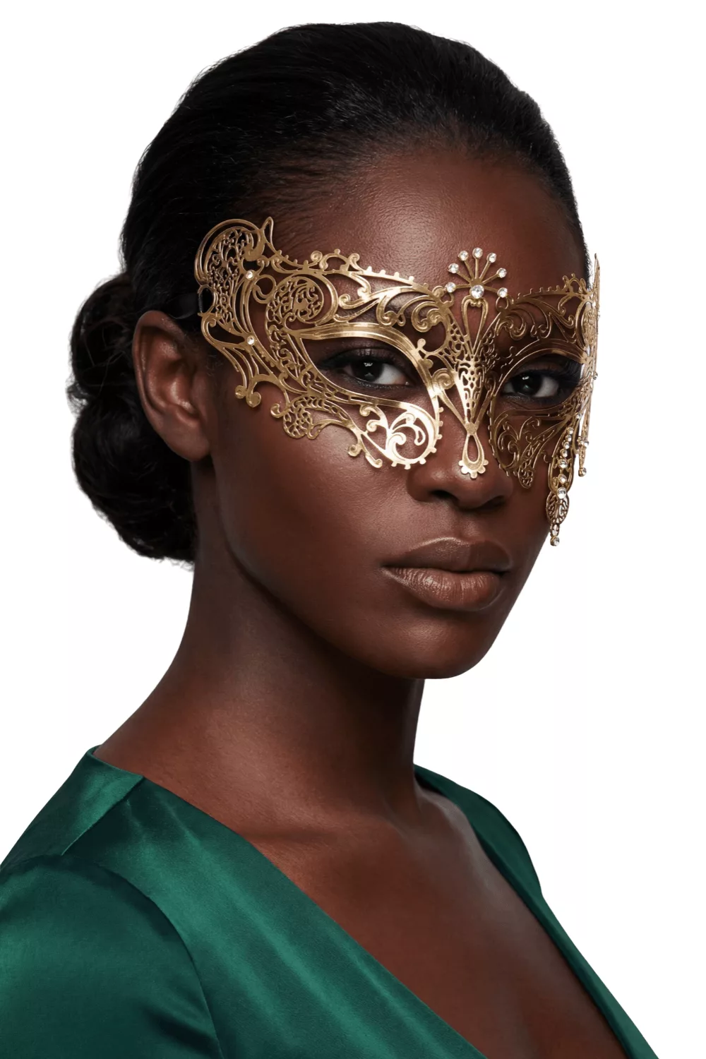 Masque vénitien Bianca rigide doré avec strass